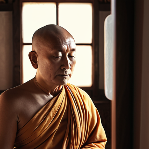 Home 16 **Prompt 1 (The Revealer of Inner Potential):** "A serene Buddhist spiritual master, with a gentle, wise gaze, facing a contemplative individual. Soft, warm light emanates from the individual's chest, casting a subtle glow, symbolizing awakened inner wisdom and potential. The master's presence is calming and reflective, acting as a mirror. The setting is minimalist and peaceful, evoking a sense of deep personal discovery and understanding. High detail, spiritual art, soft focus, ethereal lighting."