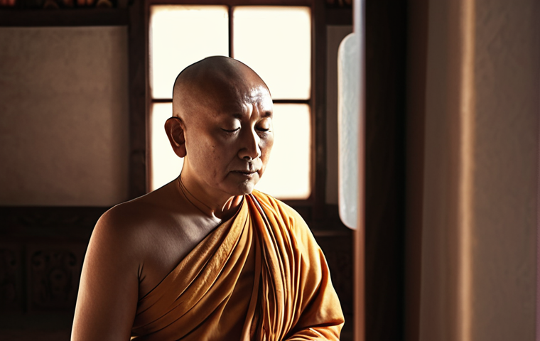 **Prompt 1 (The Revealer of Inner Potential):** "A serene Buddhist spiritual master, with a gentle, wise gaze, facing a contemplative individual. Soft, warm light emanates from the individual's chest, casting a subtle glow, symbolizing awakened inner wisdom and potential. The master's presence is calming and reflective, acting as a mirror. The setting is minimalist and peaceful, evoking a sense of deep personal discovery and understanding. High detail, spiritual art, soft focus, ethereal lighting."