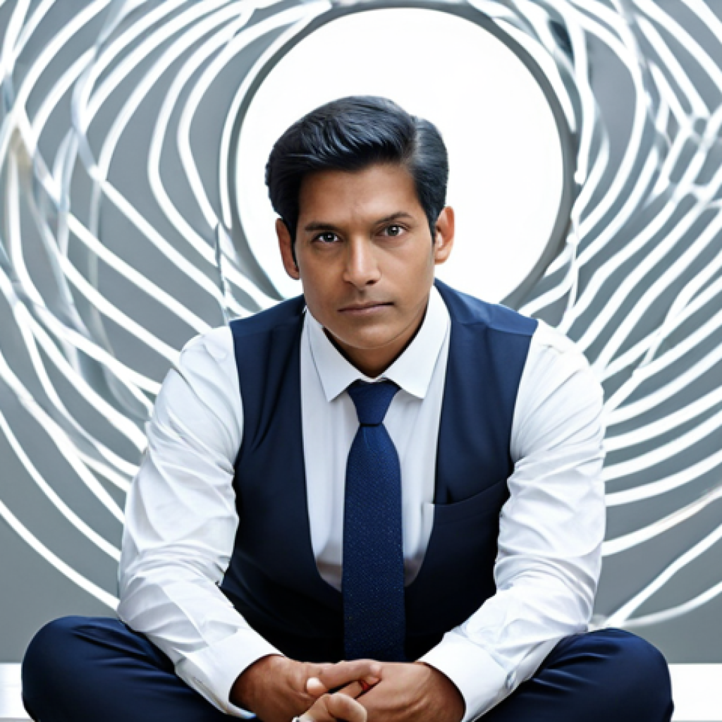 A thoughtful person in modest, professional attire, sitting in a serene, minimalist environment. Soft, diffused light highlights subtle abstract elements of cyclical patterns and interconnectedness in the background. The atmosphere is peaceful and conducive to deep reflection, symbolizing the flow of existence and karma. fully clothed, appropriate attire, safe for work, appropriate content, perfect anatomy, correct proportions, natural pose, well-formed hands, proper finger count, natural body proportions, professional photography, high quality, family-friendly.