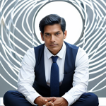 A thoughtful person in modest, professional attire, sitting in a serene, minimalist environment. Soft, diffused light highlights subtle abstract elements of cyclical patterns and interconnectedness in the background. The atmosphere is peaceful and conducive to deep reflection, symbolizing the flow of existence and karma. fully clothed, appropriate attire, safe for work, appropriate content, perfect anatomy, correct proportions, natural pose, well-formed hands, proper finger count, natural body proportions, professional photography, high quality, family-friendly.