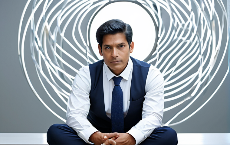 A thoughtful person in modest, professional attire, sitting in a serene, minimalist environment. Soft, diffused light highlights subtle abstract elements of cyclical patterns and interconnectedness in the background. The atmosphere is peaceful and conducive to deep reflection, symbolizing the flow of existence and karma. fully clothed, appropriate attire, safe for work, appropriate content, perfect anatomy, correct proportions, natural pose, well-formed hands, proper finger count, natural body proportions, professional photography, high quality, family-friendly.
