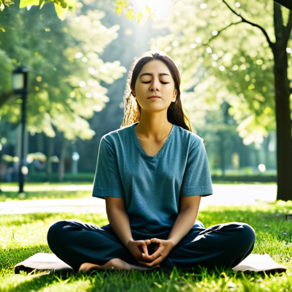 **
A woman sitting peacefully in a park, fully clothed in comfortable attire, practicing mindfulness meditation. Sunlight filters through the trees, creating a serene atmosphere. Safe for work, appropriate content, professional image, natural proportions, fully clothed.
**