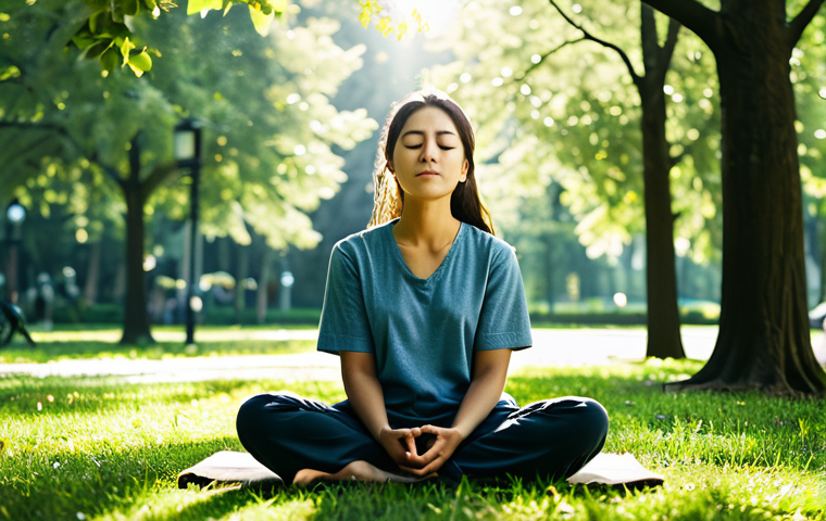 **
A woman sitting peacefully in a park, fully clothed in comfortable attire, practicing mindfulness meditation. Sunlight filters through the trees, creating a serene atmosphere. Safe for work, appropriate content, professional image, natural proportions, fully clothed.
**