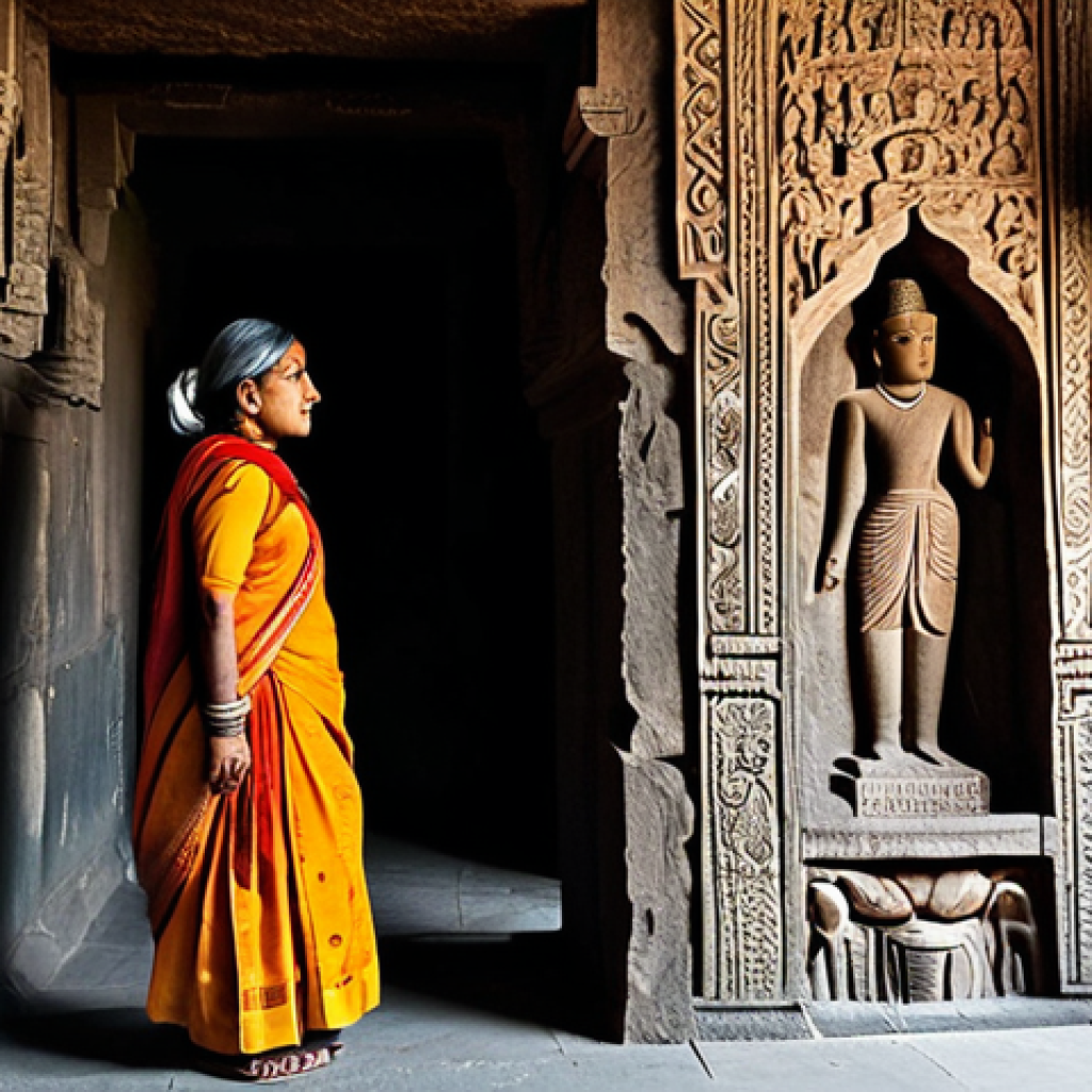 Ajanta Caves Contemplation**

"A woman in modest travel clothes stands inside the Ajanta Caves in India, observing the ancient sculptures, fully clothed, appropriate attire, safe for work, perfect anatomy, natural proportions, professional photography, family-friendly, intricate carvings visible in the background, natural lighting, contemplative pose."

**