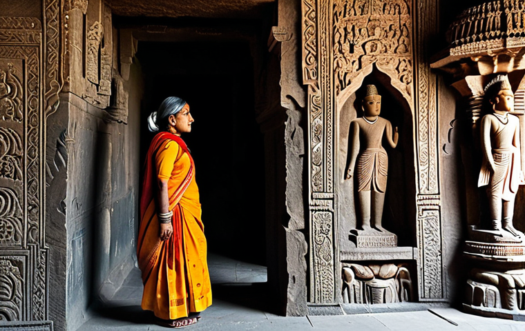 Ajanta Caves Contemplation**
"A woman in modest travel clothes stands inside the Ajanta Caves in India, observing the ancient sculptures, fully clothed, appropriate attire, safe for work, perfect anatomy, natural proportions, professional photography, family-friendly, intricate carvings visible in the background, natural lighting, contemplative pose."
**