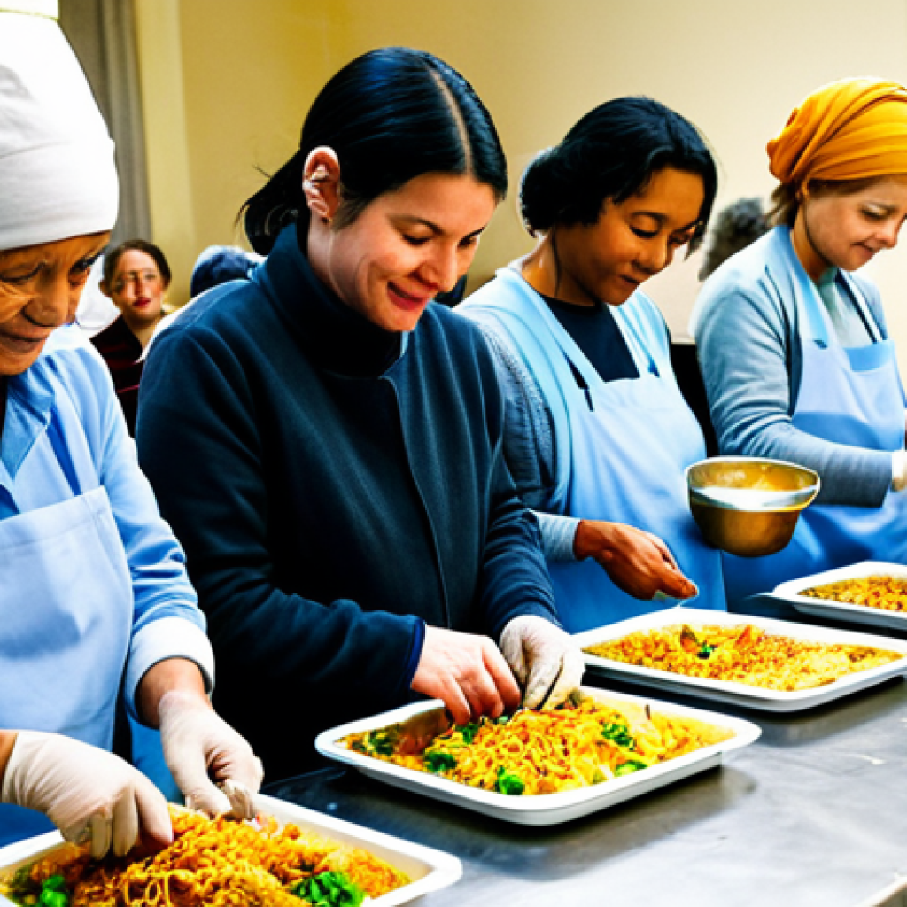 Buddhist Charity Initiative**
"A diverse group of volunteers, fully clothed, preparing meals for the homeless at a local community center in Paris, France. Safe for work, appropriate content, professional and heartwarming scene, perfect anatomy, correct proportions, natural pose, well-formed hands, proper finger count, natural body proportions, modest clothing, family-friendly atmosphere."
**