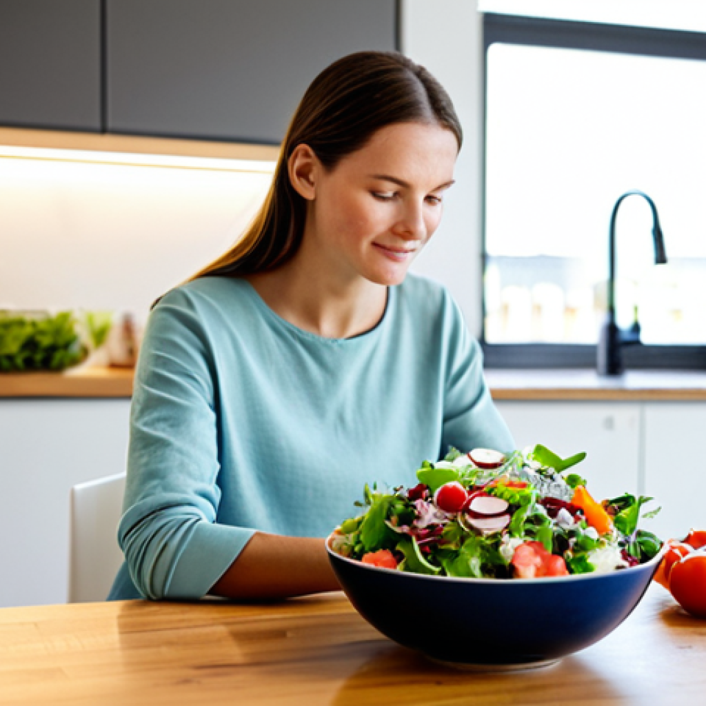 불교와 음식 문화 - Mindful Eating**

A woman in a brightly lit, modern kitchen, fully clothed in comfortable, modest at...