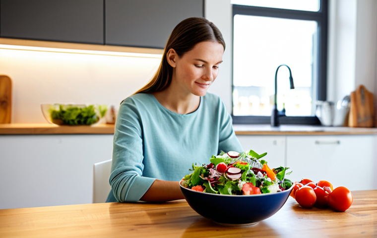 불교와 음식 문화 - Mindful Eating**

A woman in a brightly lit, modern kitchen, fully clothed in comfortable, modest at...