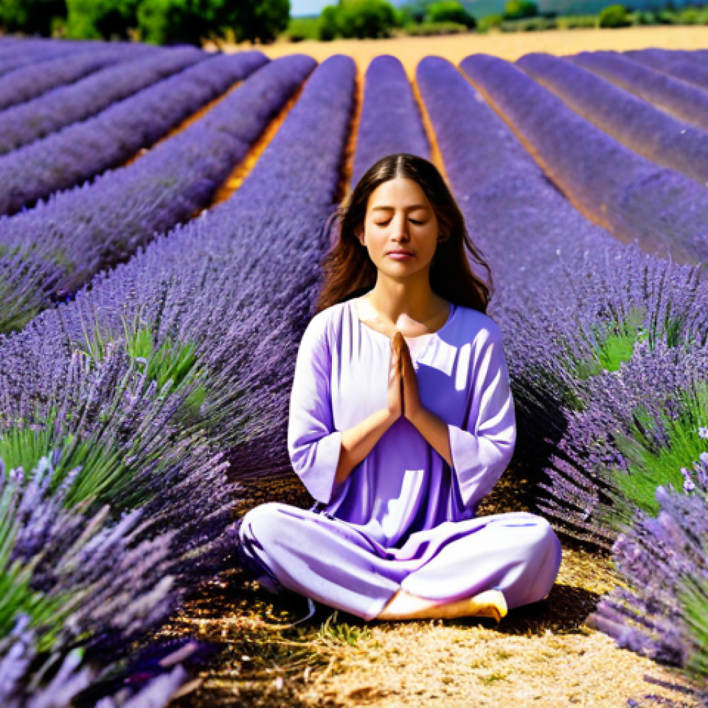 불교의 사성제 - Serene Lavender Field Meditation**
"A woman in modest, flowing clothing meditates in a vast, sun-dr...