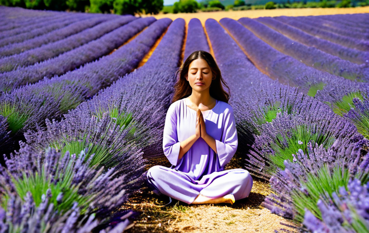 불교의 사성제 - Serene Lavender Field Meditation**
"A woman in modest, flowing clothing meditates in a vast, sun-dr...