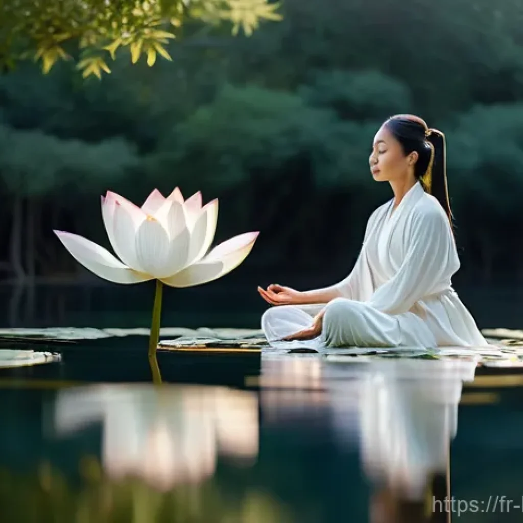 불교의 상징물 - **A Meditative Lotus Dawn:** A serene and ethereal scene depicting a luminous white lotus flower gen...