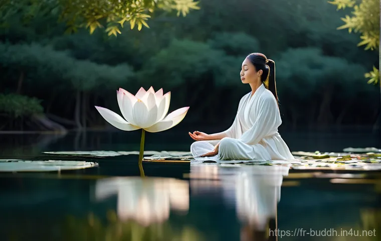 불교의 상징물 - **A Meditative Lotus Dawn:** A serene and ethereal scene depicting a luminous white lotus flower gen...