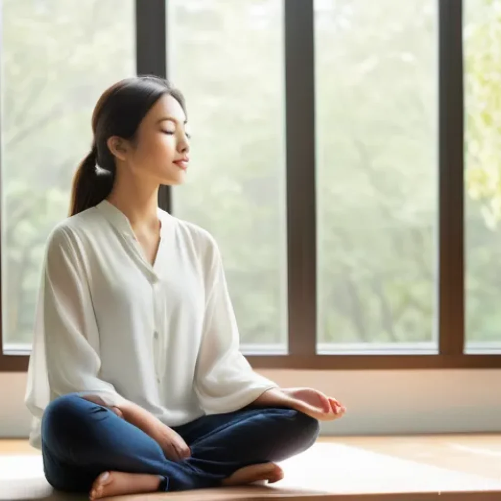 불교에서의 내적 성찰 - **Prompt: Cultivating Inner Peace Amidst Gentle Activity**
    "A serene young adult, visibly relaxe...
