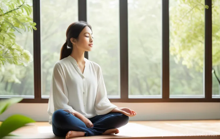 불교에서의 내적 성찰 - **Prompt: Cultivating Inner Peace Amidst Gentle Activity**
"A serene young adult, visibly relaxe...