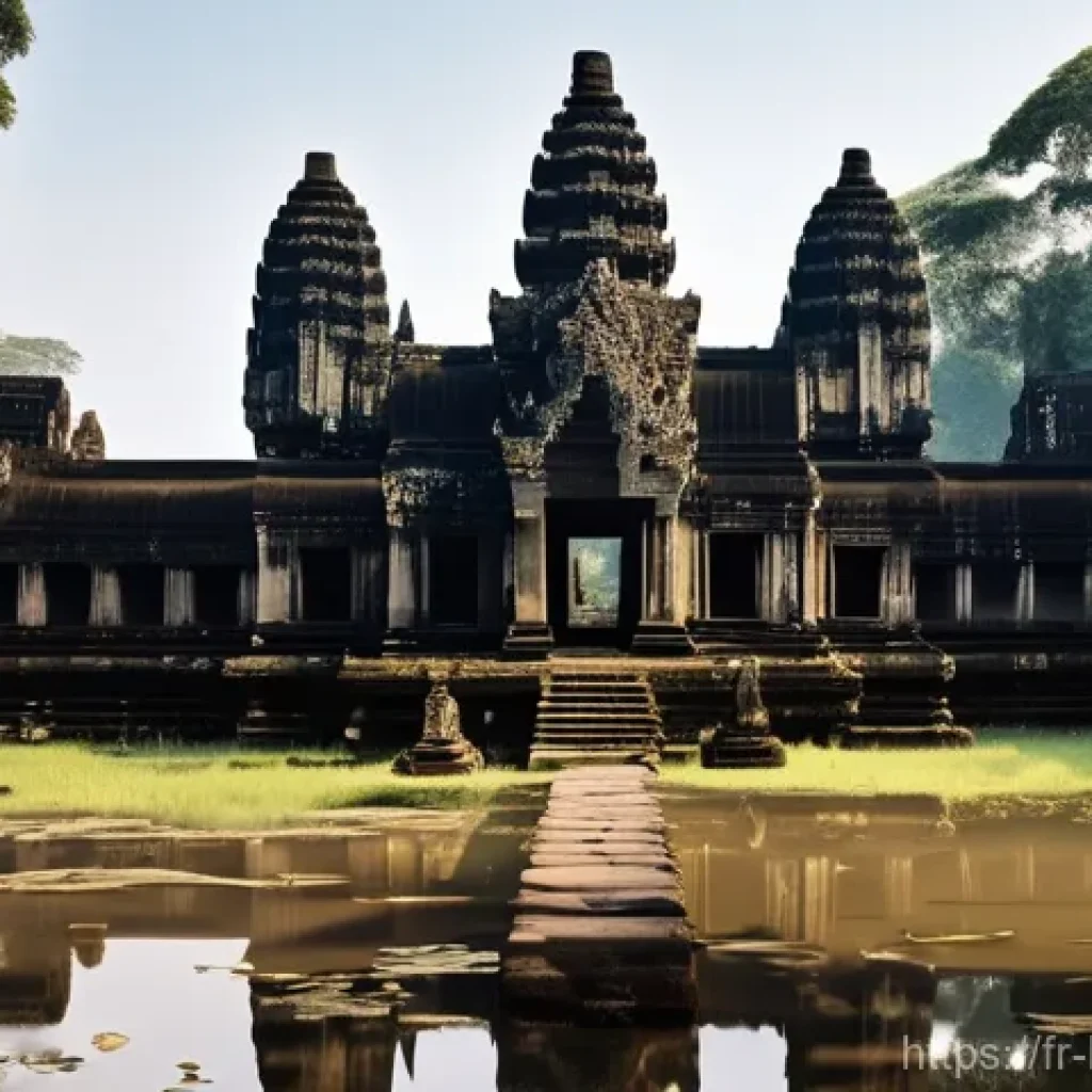 불교 유적지 탐방 - **Prompt:** A majestic, ancient stone temple complex, reminiscent of Angkor Wat in Cambodia, bathed ...