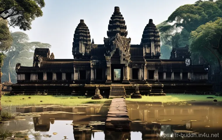 불교 유적지 탐방 - **Prompt:** A majestic, ancient stone temple complex, reminiscent of Angkor Wat in Cambodia, bathed ...