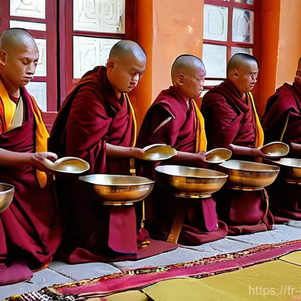 불교에서의 음악적 전통 - **A group of Buddhist monks performing a sacred musical ritual in a serene monastery.** The monks ar...