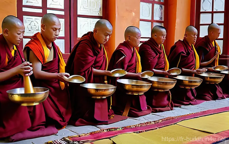 불교에서의 음악적 전통 - **A group of Buddhist monks performing a sacred musical ritual in a serene monastery.** The monks ar...