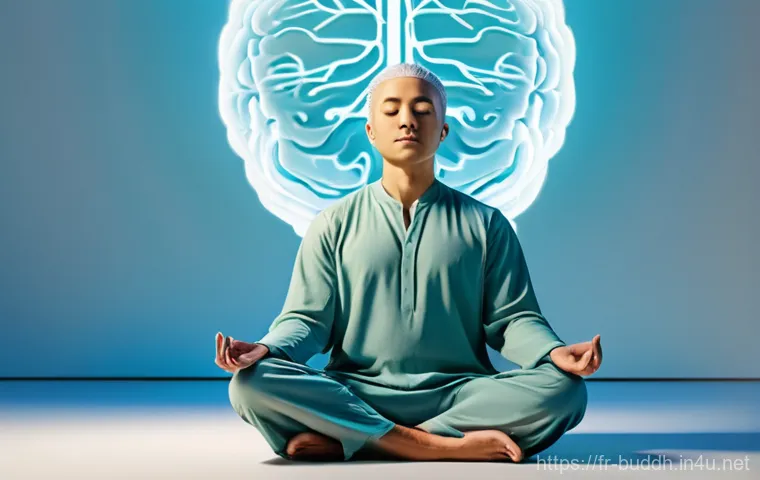 불교와 현대 과학 - **Prompt:** A serene, diverse individual, appearing calm and focused, meditating in a brightly lit, ...