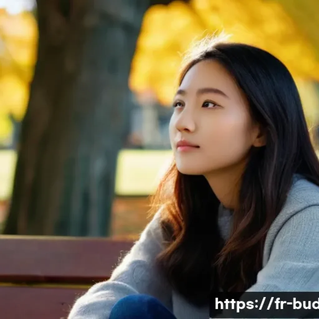 불교와 자아 발견 - **Prompt:** A young person, around 18-25 years old, sits peacefully on a weathered wooden bench in a...