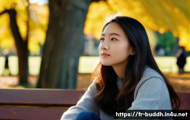 불교와 자아 발견 - **Prompt:** A young person, around 18-25 years old, sits peacefully on a weathered wooden bench in a...