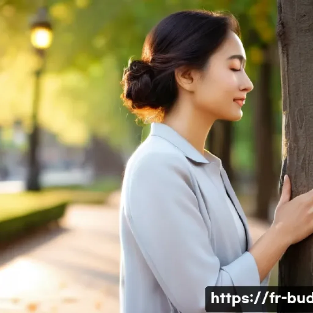 불교에서의 자기 성찰 - **Prompt:** A diverse adult, dressed in elegant but comfortable daily wear, stands peacefully in a b...