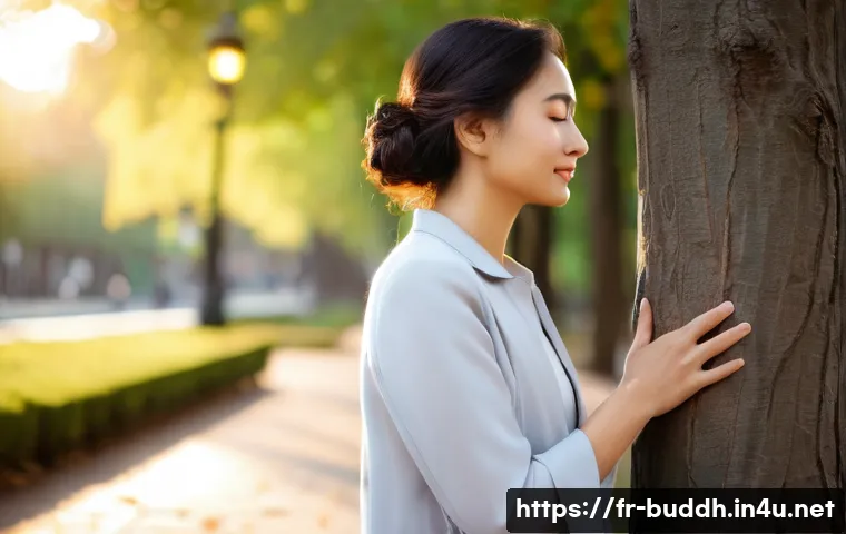 불교에서의 자기 성찰 - **Prompt:** A diverse adult, dressed in elegant but comfortable daily wear, stands peacefully in a b...