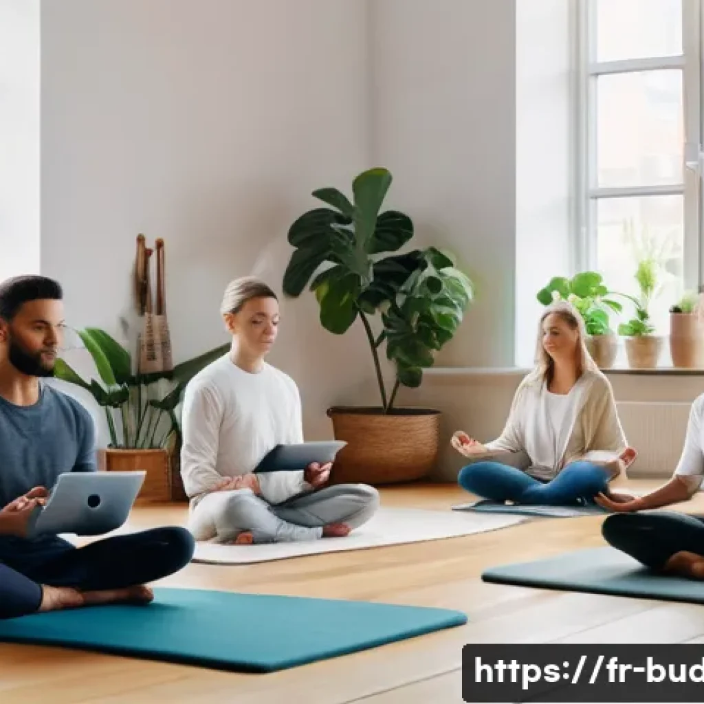 불교와 SNS - A modern digital meditation scene featuring a diverse group of young adults using smartphones and ta...
