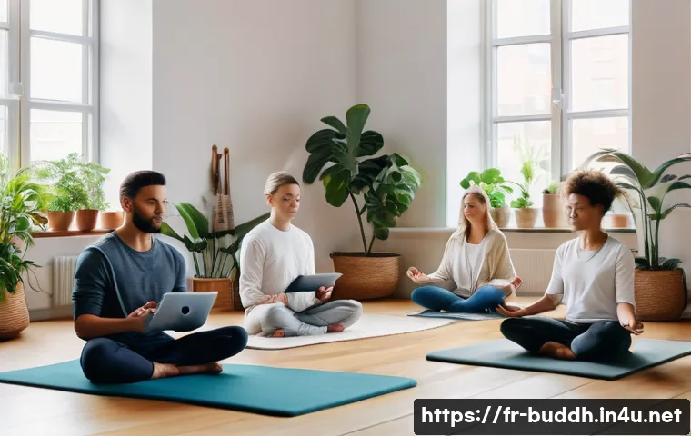 불교와 SNS - A modern digital meditation scene featuring a diverse group of young adults using smartphones and ta...