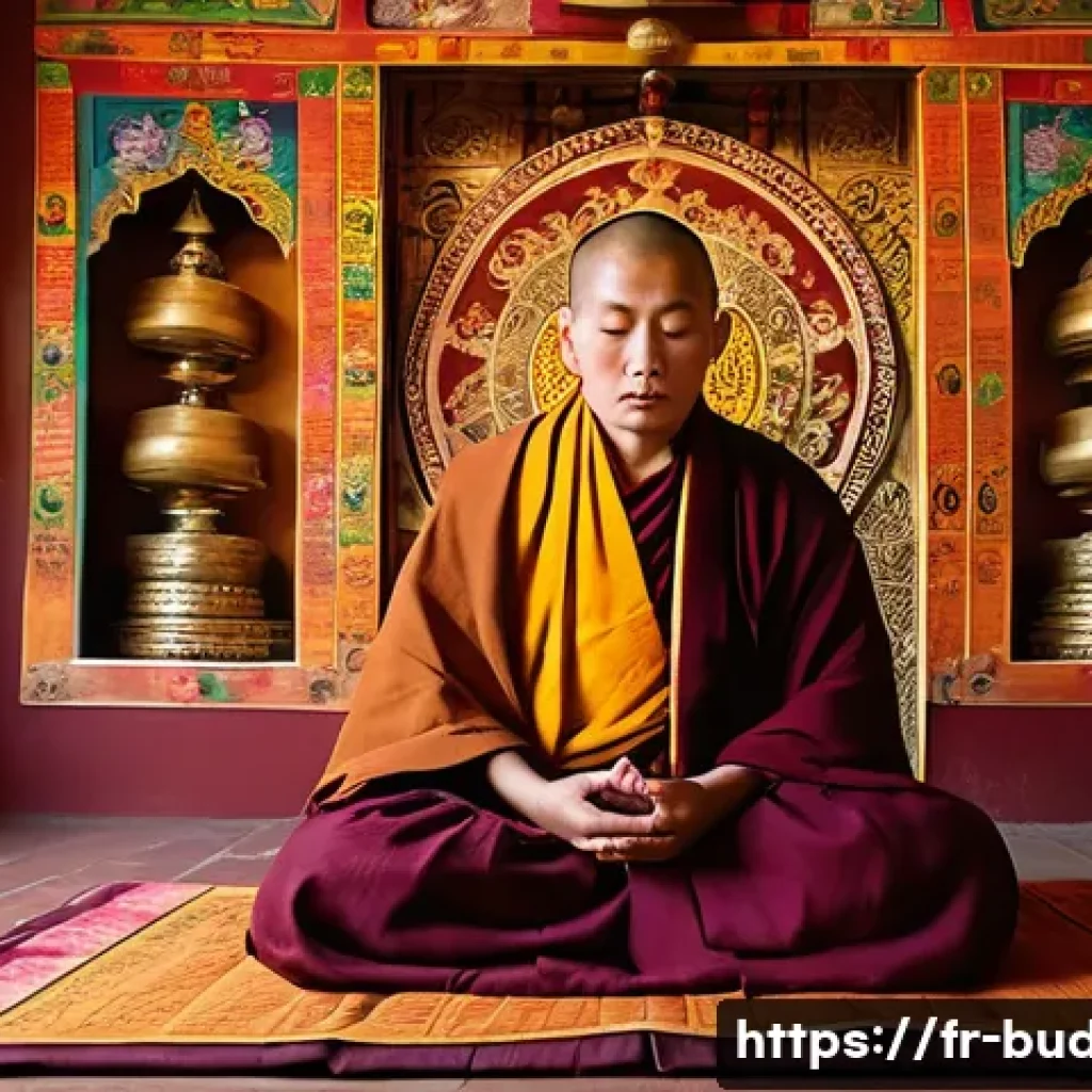 티베트 불교 특징 - A serene Tibetan meditation scene featuring a monk in traditional maroon and yellow robes seated cro...
