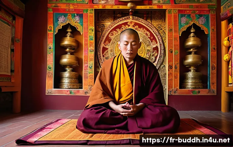 티베트 불교 특징 - A serene Tibetan meditation scene featuring a monk in traditional maroon and yellow robes seated cro...