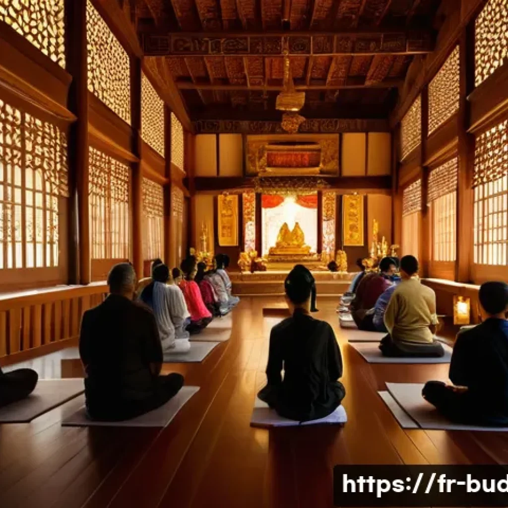 불교의 전통 의식 - A serene Buddhist temple interior bathed in warm, natural light filtering through ornate windows, wi...