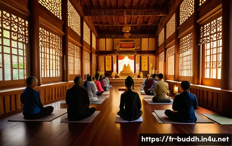 불교의 전통 의식 - A serene Buddhist temple interior bathed in warm, natural light filtering through ornate windows, wi...