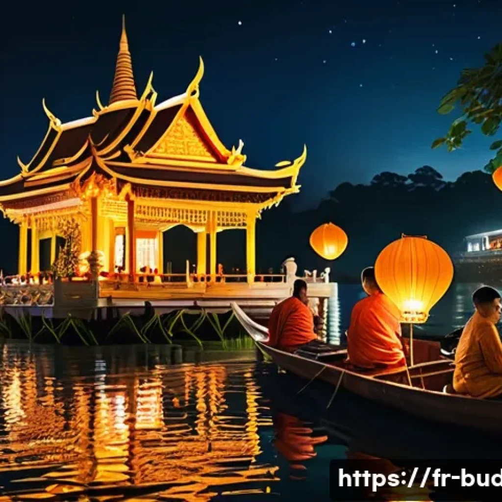부처님 오신 날 - A vibrant night scene of a Buddhist festival in Thailand featuring thousands of floating lanterns il...