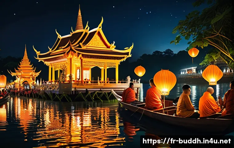 부처님 오신 날 - A vibrant night scene of a Buddhist festival in Thailand featuring thousands of floating lanterns il...
