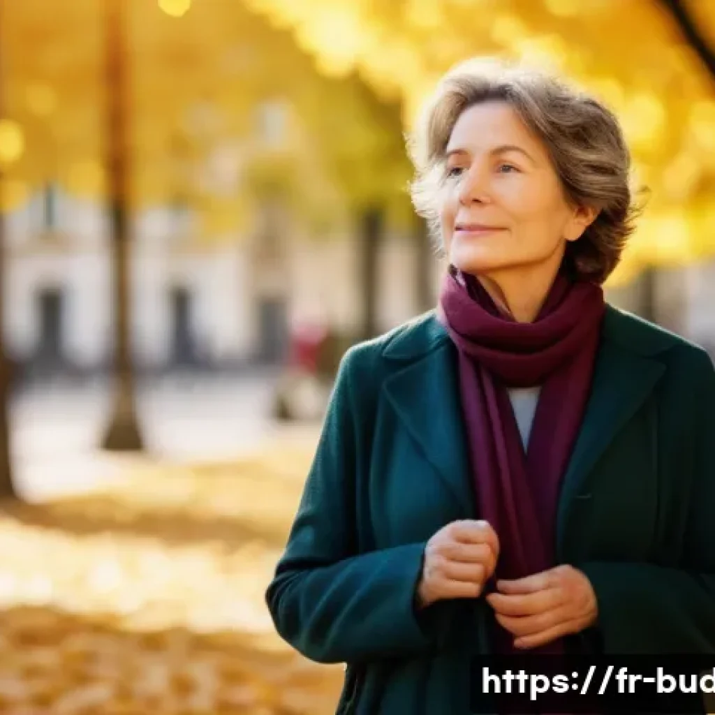 불교의 사유 방식 - A serene scene of a middle-aged French woman practicing mindful walking meditation in a sunlit Paris...