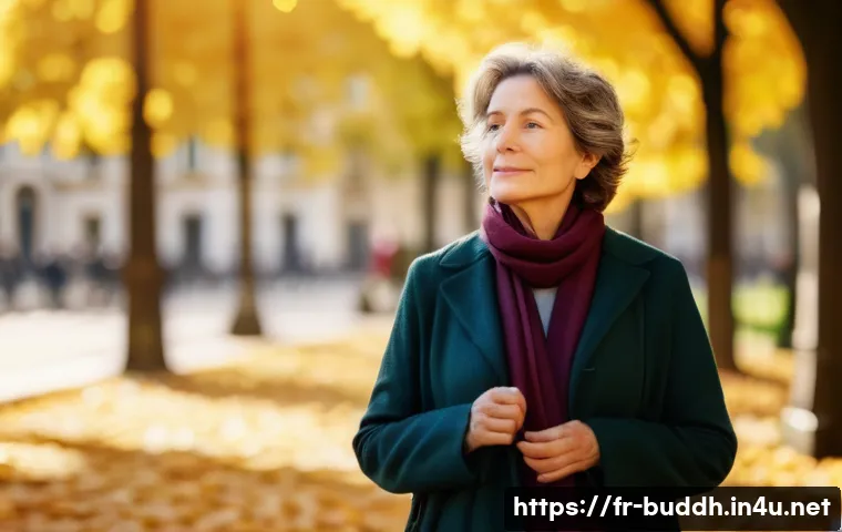 불교의 사유 방식 - A serene scene of a middle-aged French woman practicing mindful walking meditation in a sunlit Paris...