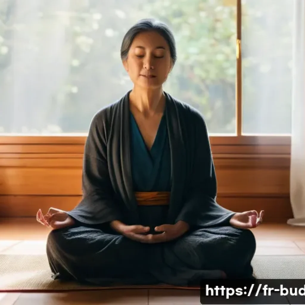 불교에서의 믿음과 신뢰 - A serene middle-aged French woman seated cross-legged on a wooden floor in a cozy, softly lit room w...