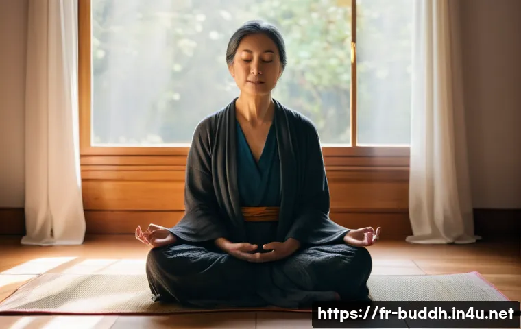 불교에서의 믿음과 신뢰 - A serene middle-aged French woman seated cross-legged on a wooden floor in a cozy, softly lit room w...