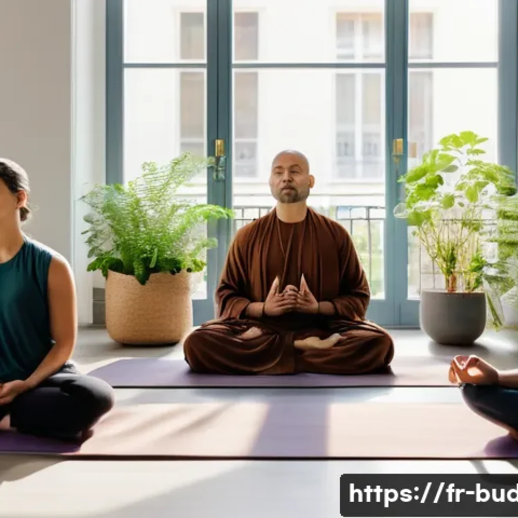 불교에서의 해탈 - A serene and contemplative scene of a diverse group of adults practicing seated meditation in a mini...
