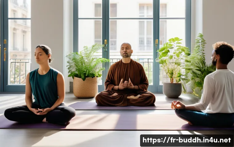 불교에서의 해탈 - A serene and contemplative scene of a diverse group of adults practicing seated meditation in a mini...
