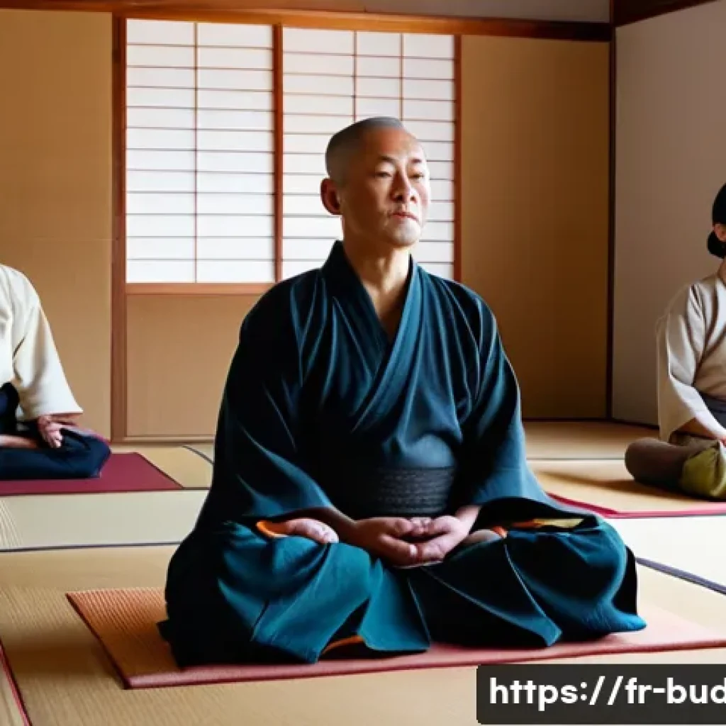 불교에서의 영적 멘토링 - A serene Zen meditation scene inside a traditional Japanese dojo, featuring a diverse group of adult...