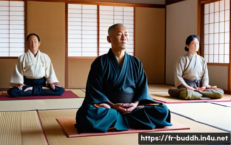 불교에서의 영적 멘토링 - A serene Zen meditation scene inside a traditional Japanese dojo, featuring a diverse group of adult...