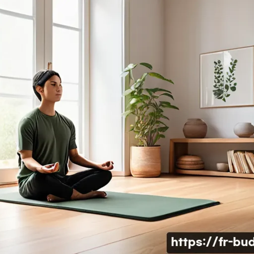 중아함경의 가르침 - A serene indoor meditation space bathed in soft natural light, featuring a minimalist design with wa...