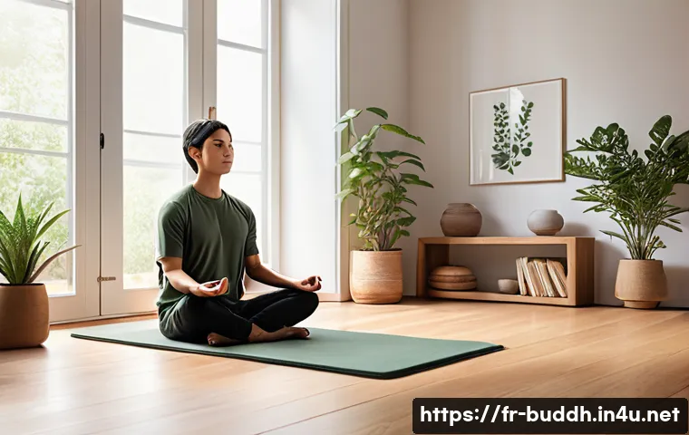 중아함경의 가르침 - A serene indoor meditation space bathed in soft natural light, featuring a minimalist design with wa...