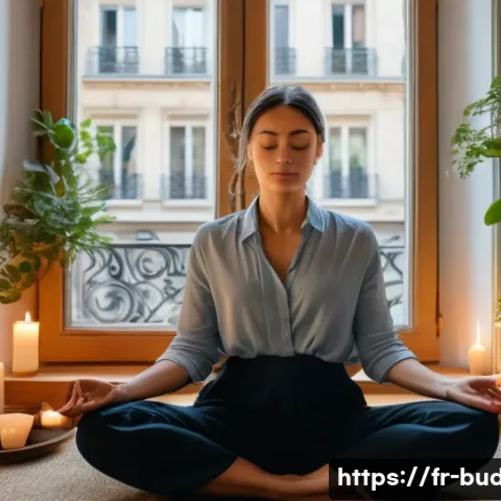 불교의 심리적 치유 - A serene French woman in her 30s practicing mindfulness meditation in a cozy, softly lit corner of a...