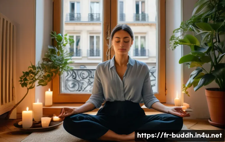 불교의 심리적 치유 - A serene French woman in her 30s practicing mindfulness meditation in a cozy, softly lit corner of a...