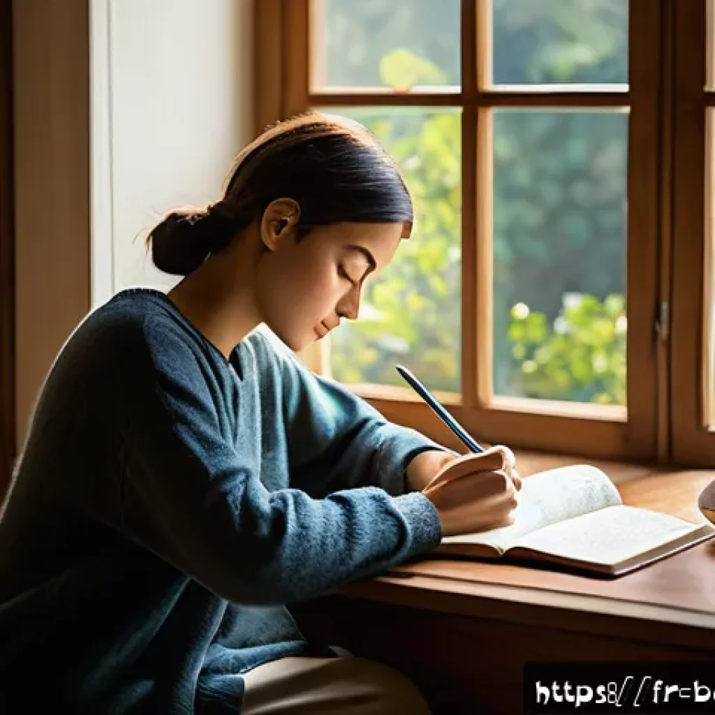 팔정도와 삶의 방향 - A serene, sunlit study room with a person thoughtfully journaling at a wooden desk, surrounded by op...