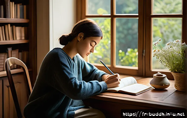팔정도와 삶의 방향 - A serene, sunlit study room with a person thoughtfully journaling at a wooden desk, surrounded by op...