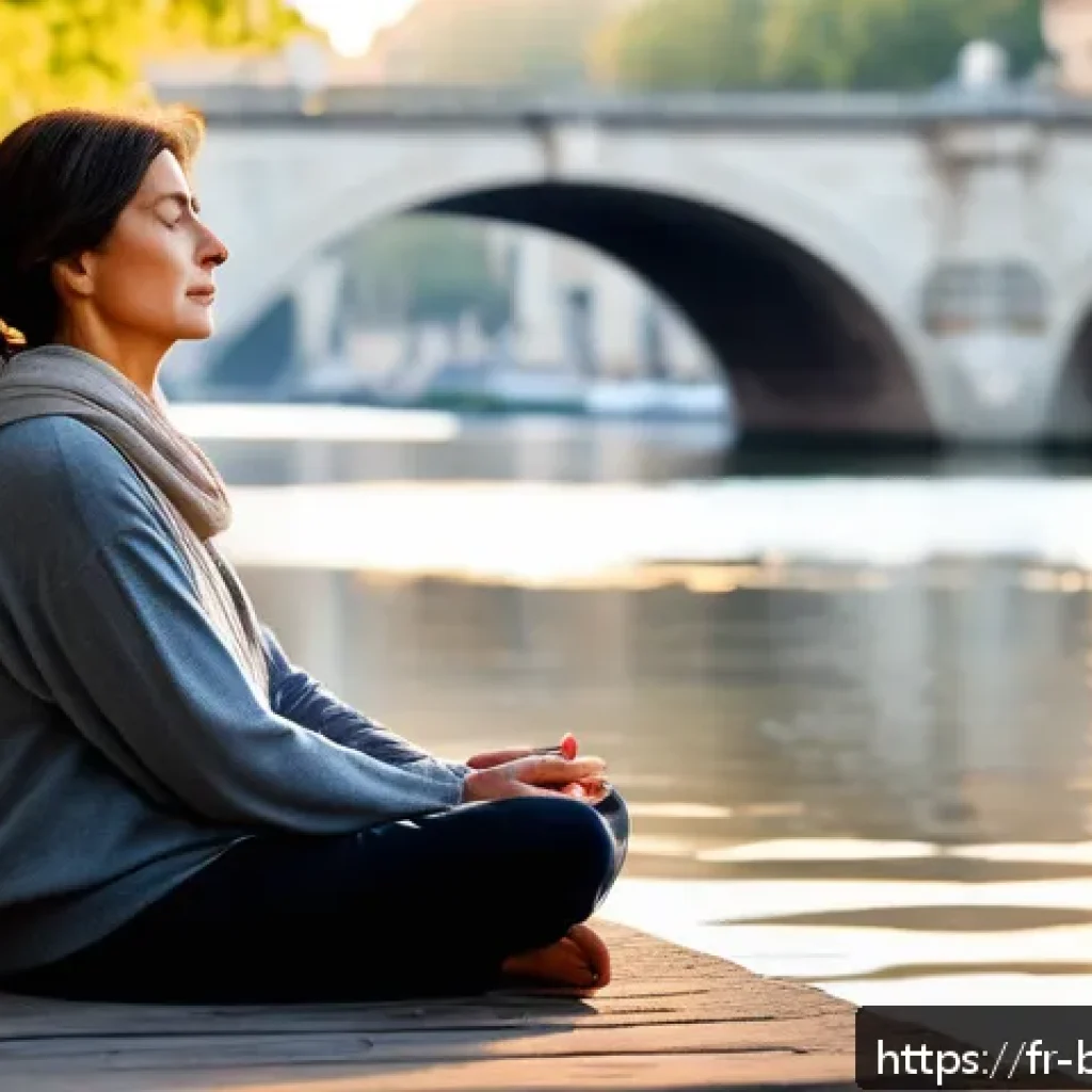 불교에서의 비움 - A serene urban meditation scene in Paris at dawn, featuring a middle-aged French woman wearing comfo...